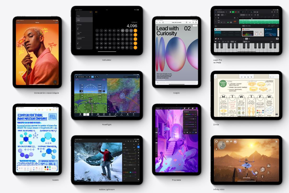 Tablet Apple iPad mini grafika przedstawia różne aplikacje na iPadzie